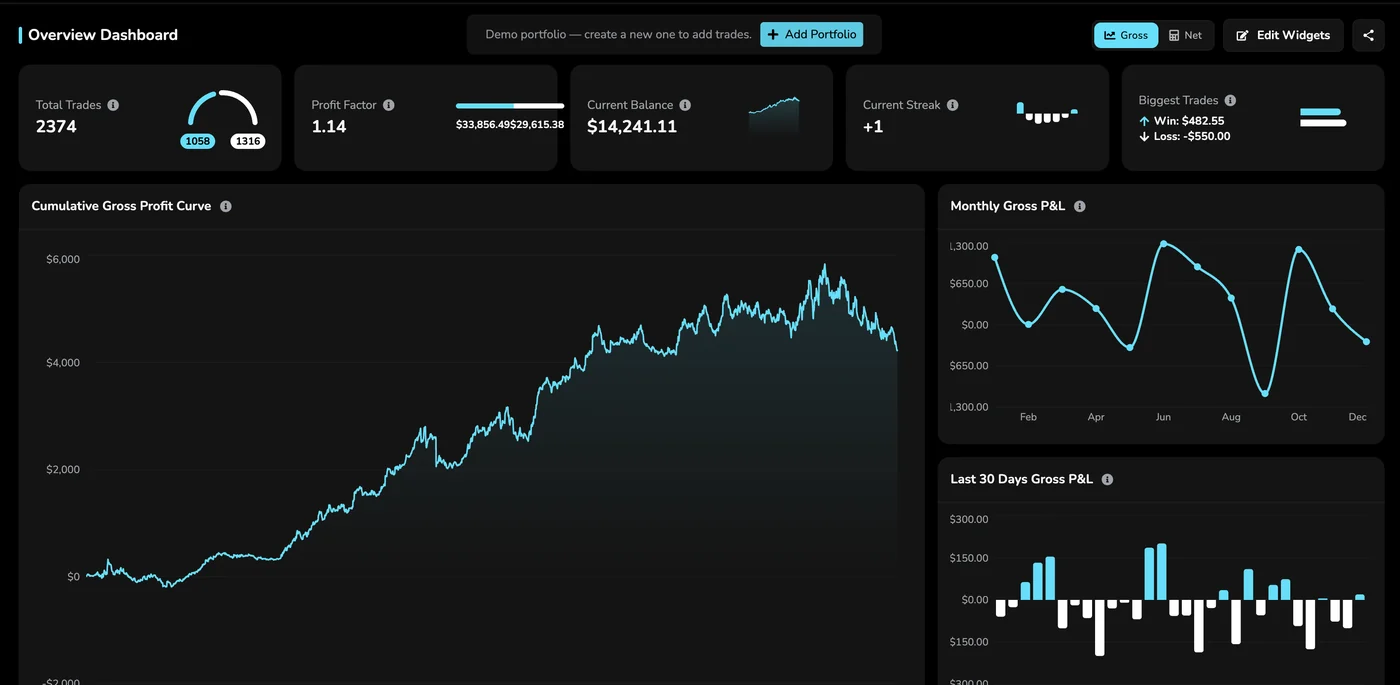 The real TradeVipe overview dashboard for the demo portfolio: total trades, profit factor, balance, streak, biggest trades and P&L charts