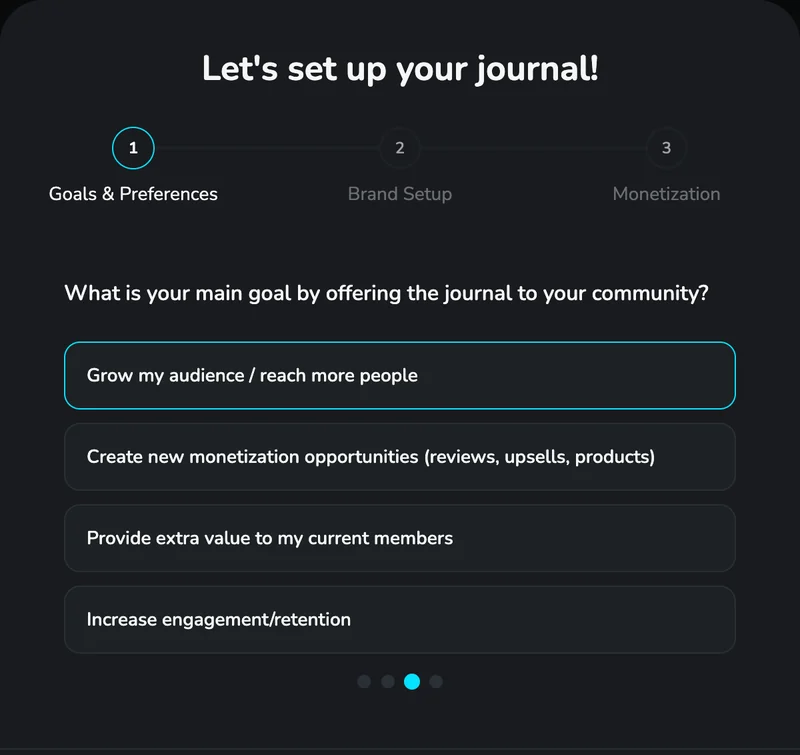 TradeVipe's real setup flow, step 1 of 3: Goals & Preferences, asking your main goal for offering the journal