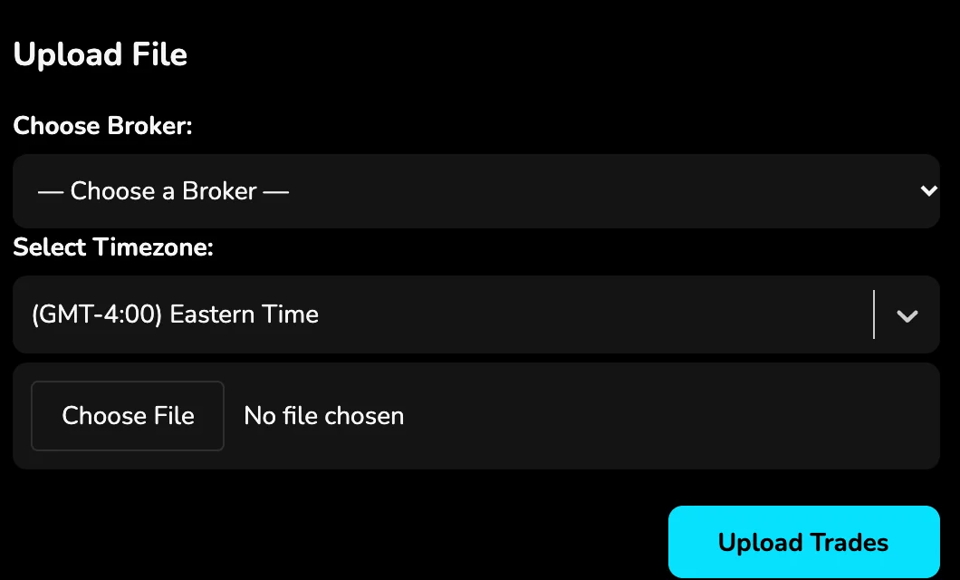TradeVipe's real Broker Import screen: choose a broker and timezone, then upload your trades file