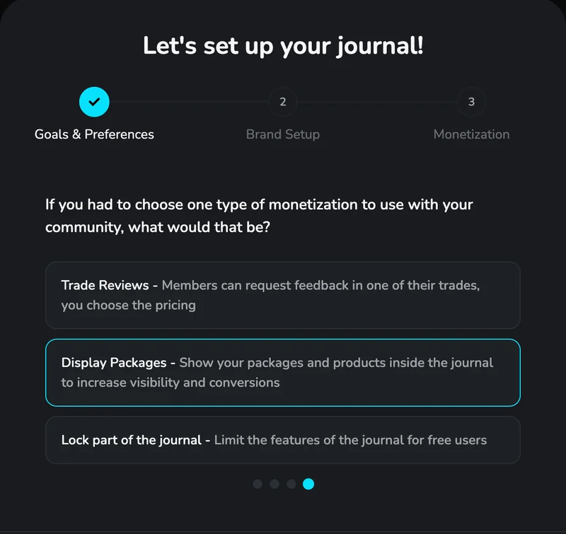TradeVipe's real setup flow, step 3 of 3: Monetization, with Display Packages selected to show your packages inside the journal