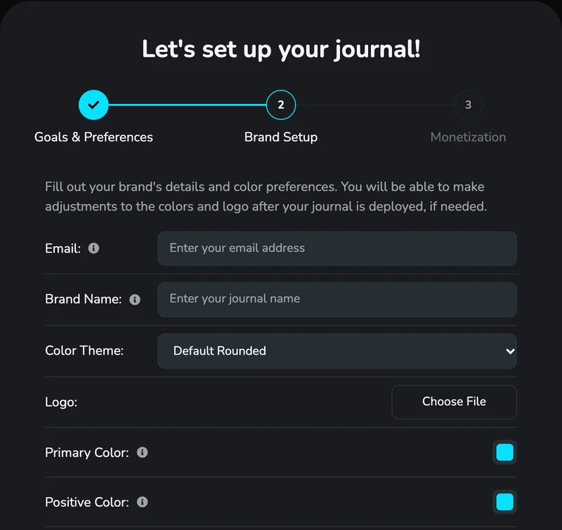 TradeVipe's real setup flow, step 2 of 3: Brand Setup, with email, brand name, color theme, logo and colors